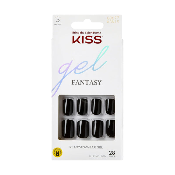 Gel Fantasy Press on Nails, Nail Glue Included, 'Aim High', Black, Short Size, Squoval Shape, Includes 28 Nails, 2G Glue, 1 Manicure Stick, 1 Mini File, 1 Adhesive Tab