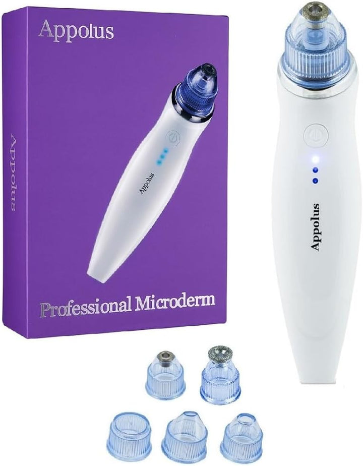 Microdermabrasion Machine -  Premium Diamond Microdermabrasion Device Tool - 2 Diamond Tips - 5 Heads - Blackhead Blemishes Remover - Pores Fine Lines Minimizer