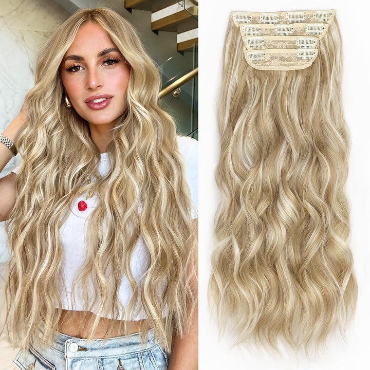 Clip in Long Wavy Synthetic Hair Extension 24 Inch Black 4PCS Thick Hairpieces Fiber Double Weft Hair for Women