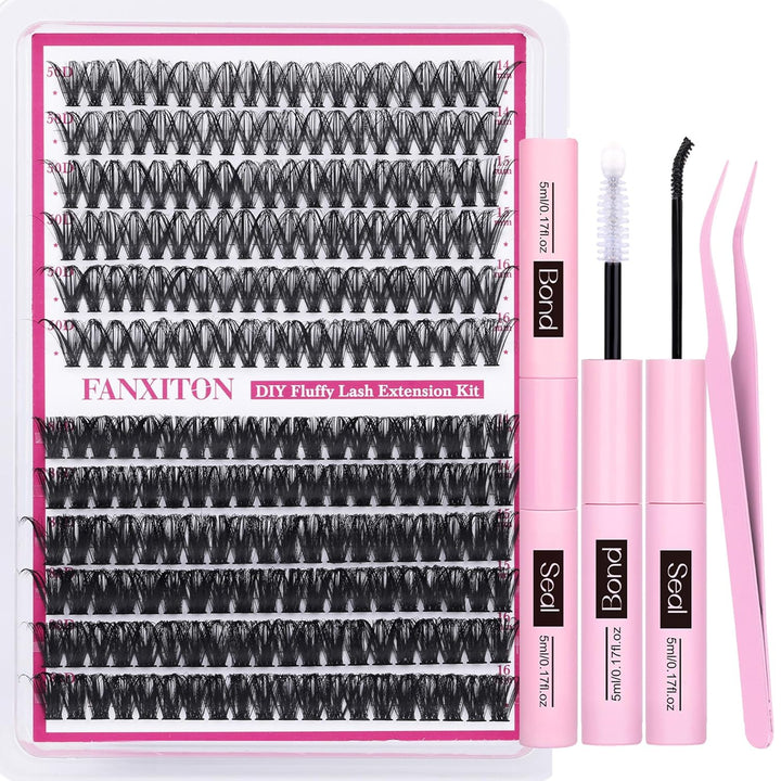 DIY Lash Extension Kit Volume Lash Clusters 40D+50D D Curvature Individual Lashes Lash Clusters Kit Thick Eyelash Extension Kit 280 Pcs Thin Band Cluster Lashes Lash Bond and Seal Tweezers