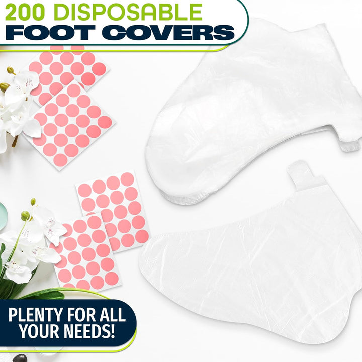 200 Pcs Plastic Foot Covers for Feet – Leak-Proof, Ribbed Anti-Slip Design with 200 Stickers for a Secure Fit – Plastic Foot Gloves for Moisturizing, Paraffin Wax Bags | Self Care & Holiday Gifting