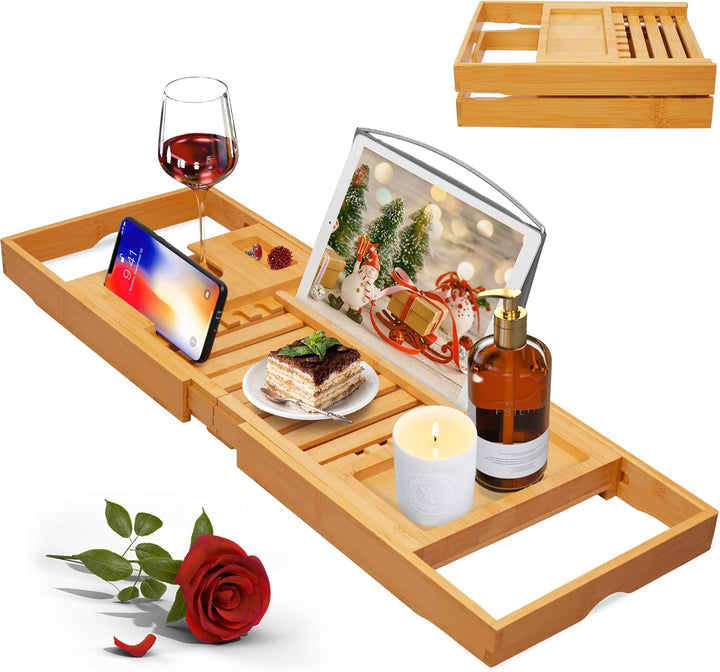 Luxury Bathtub Caddy Tray for Tub - Foldable Bamboo Bath Table Tray with Book and Wine Glass Holder, Expandable Bathroom Accessories for Spa or Reading Lite Style