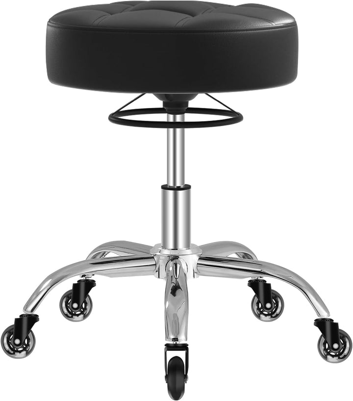 Heavy Duty 400Lb Rolling Stool: Super Soft Leather Seat Cushion, 360 Swivel, Height Adjustable, No Squeak, No Tip Over, Salon & Spa Stool (Black)