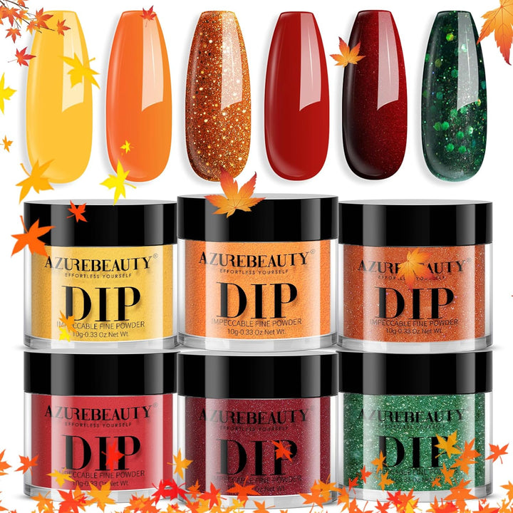 Fall Dip Powder Nail Set Yellow Orange Gold Red Shimmery Green Glitter 6 Colors Dipping Powder Starter Kit French Nail Art Manicure DIY Salon, No Need Nail Lamp Cured