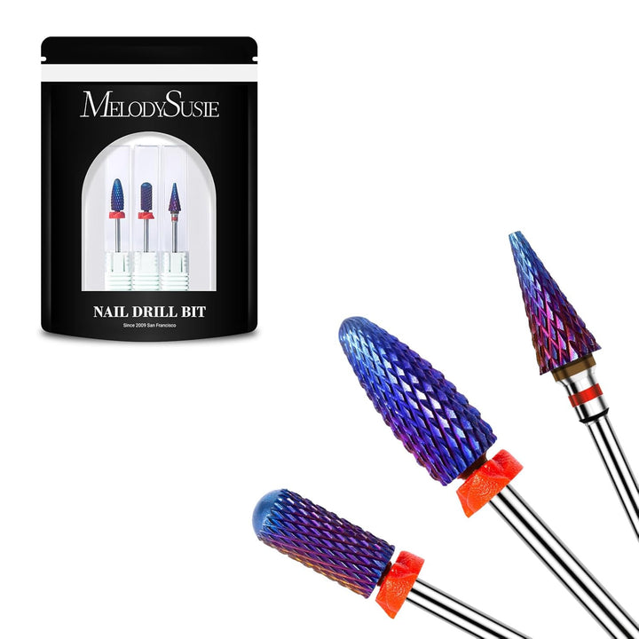 3Pcs Nail Drill Bits Set, 3/32'' Carbide Tungsten Bits, 5 in 1, Smooth round Top Large Barrel and Tornado Bits, Suitable for Manicure Pedicure Cuticle Gel Acrylic Remover, Purple