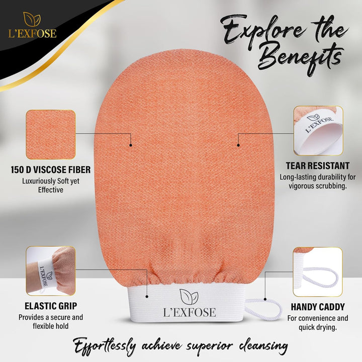 Kessa Hammam Deep Exfoliating Glove 2Pc - Korean Exfoliating Mitt for Shower Ideal for Dead Skin Remover, Keratosis Pilaris & Self-Tanning to Improve Skin Tone Made with 100% Natural Viscose