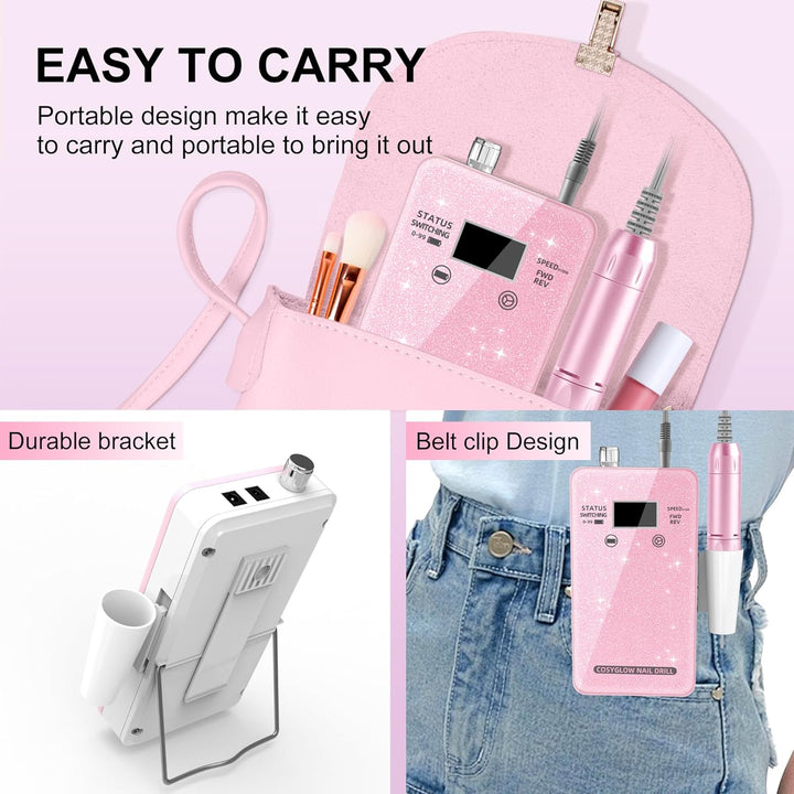 Professional Electric Nail Drill File: Glitter Portable Cordless E-File Nail Drill Kit with 11 Drill Bits,30000 RPM Rechargeable Nail Drills Machine for Acrylic Nails Gel Polishing (Pink)