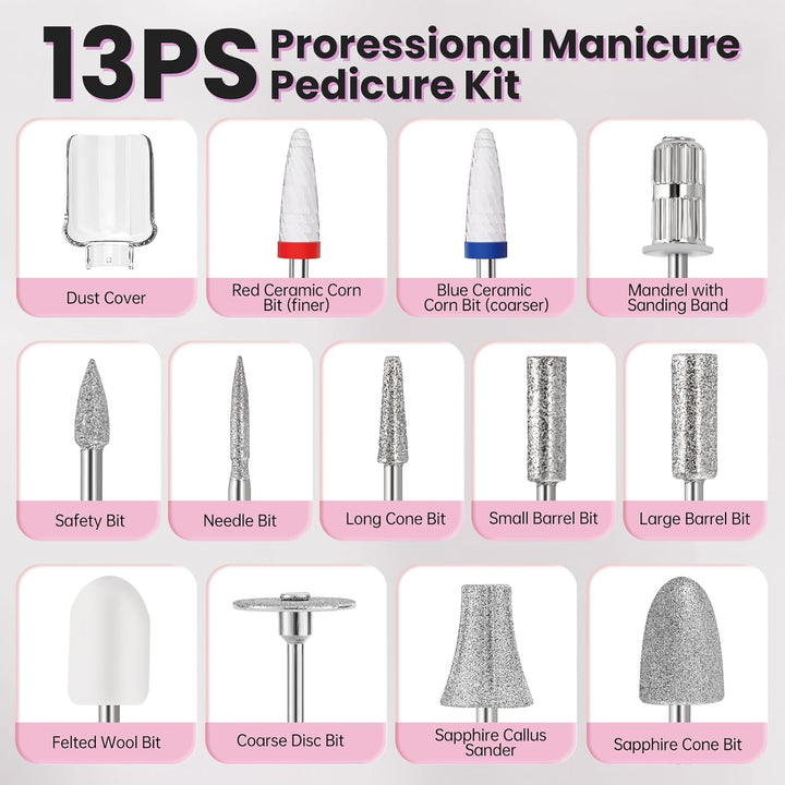 Electric Nail Drill, Cordless 2000 Mah Rechargeable Portable Nail File 12 in 1 Kit for Thick Toenails, 10 Speeds Nail Dril Machine Professional Manicure Pedicure for Hand Natural Nails Care (White)