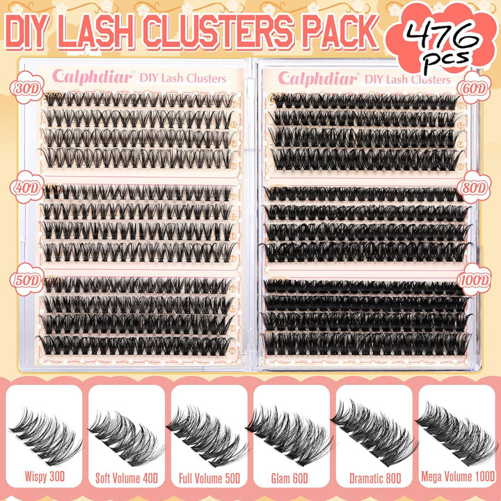 Eyelash Clusters 30D+40D+50D+60D+80D+100D Lash Clusters Wispy Individual Lashes 476PCS D-Curly Lash Extension 10-16MM Natural Lashes Clusters DIY Cluster Eyelash Extensions for Beginners