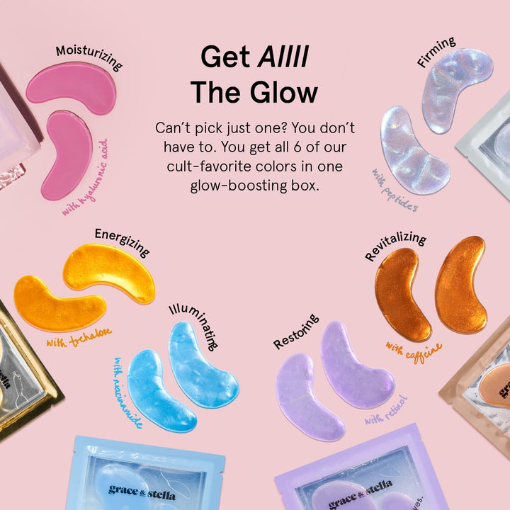 under Eye Mask Variety Pack - 18 Pairs of under Eye Patches for Dark Circles - with 6 Colors (3 Pairs/Color) - Gel Masks Puffy Eyes for Women - Vegan Cruelty Free Bridesmaid Gifts