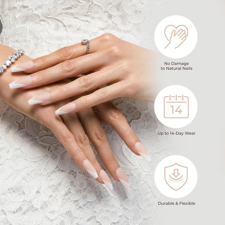 Classy, Press on Nails, Nail Glue Included, 'Dashing', Light White, Medium Size, Almond Shape, Includes 28 Nails, 2G Glue, 1 Manicure Stick, 1 Mini File