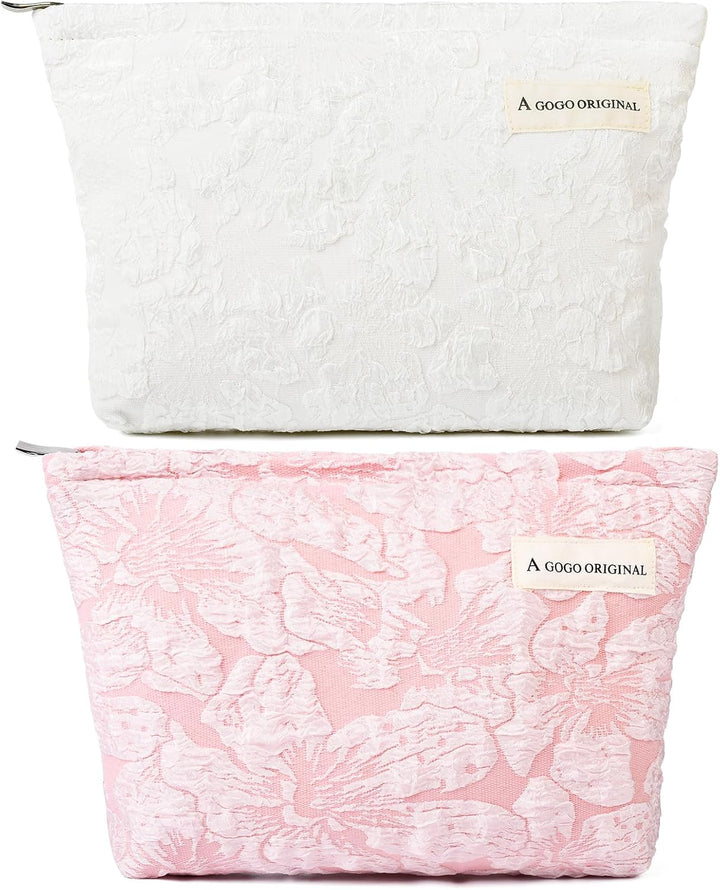 2 Pieces Makeup Bag Large Checkered Cosmetic Bag Capacity Canvas Mix Travel Toiletry Bag Organizer Cute Makeup Brushes Aesthetic Accessories Storage Bag for Women, Checkered Mix Rose Red