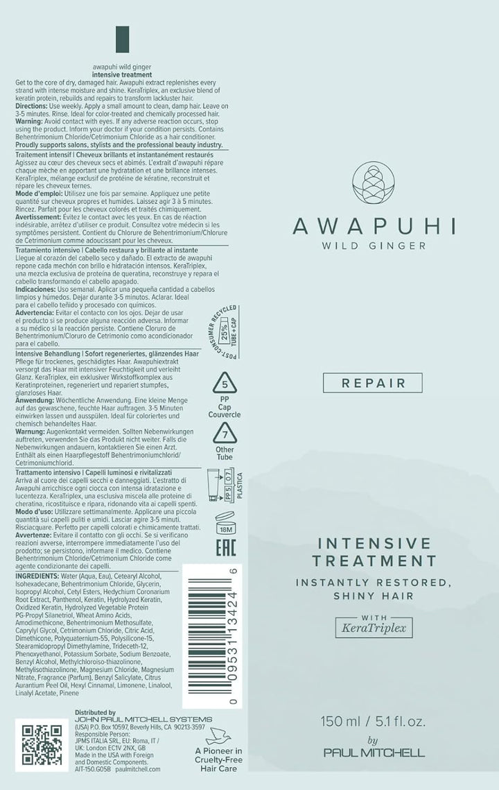 Awapuhi Wild Ginger by Paul Mitchell Intensive Treatment, Rebuilds + Repairs, for Dry, Damaged + Color-Treated Hair