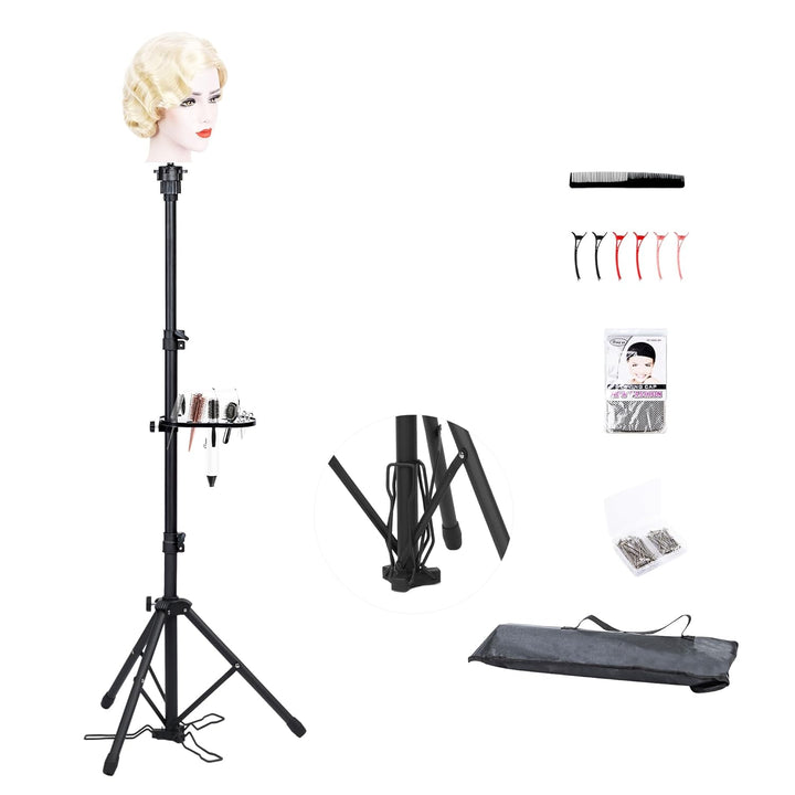 Reinforced Wig Stand Tripod Mannequin Head Stand, Adjustable Holder for Cosmetology Hairdressing Training with T-With Caps, T-Pins, Comb, Hair Clip, Carrying Bag