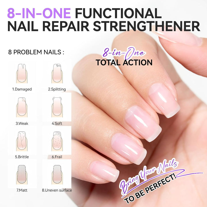 Nail Ridge Filler for Damaged Nails:  8 in 1 Nail Strengthener for Thin Nails and Growth - Protein Nail Ridge Filler with Top Coat Free