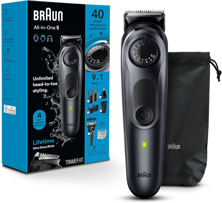 All-In-One Style Kit Series 5 5471, 8-In-1 Trimmer for Men with Beard Trimmer, Body Trimmer for Manscaping, Hair Clippers & More, Ultra-Sharp Blade, 40 Length Settings, Waterproof
