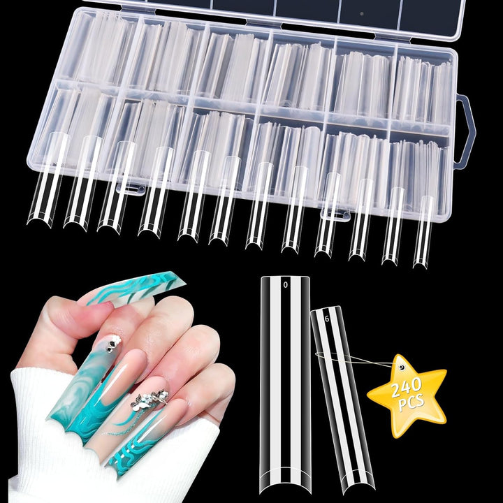 504 PCS No C Curve Clear Nail Tips for Acrylic Nails Professional, 3XL Extra Long, 12 Sizes Half Cover Straight Tapered Square French Fake Nail Tips for Nail Salons Home DIY