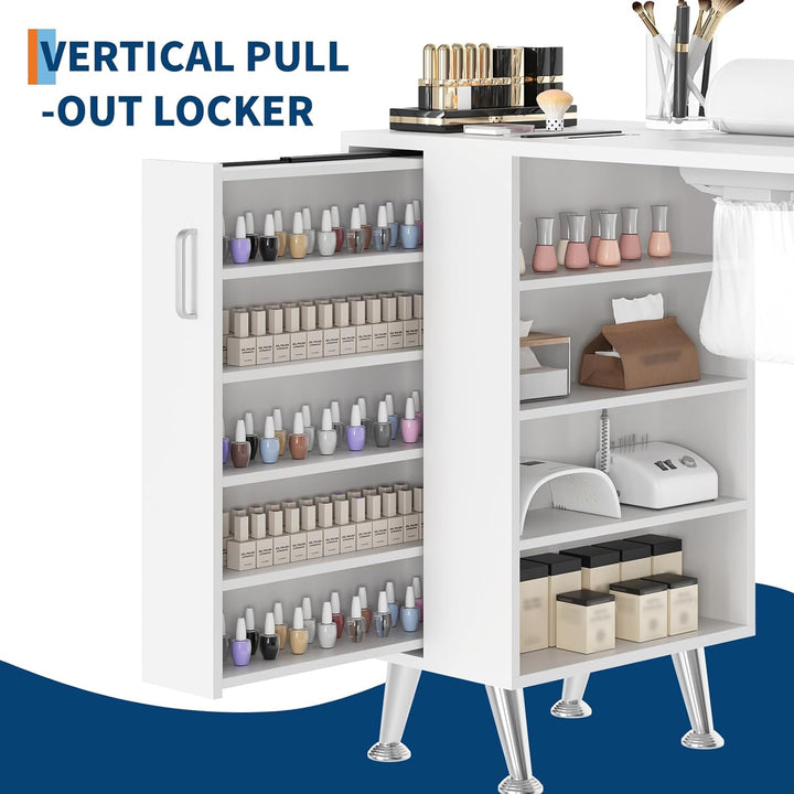 42'' Manicure Table for Nail Tech with Electric Dust Collector and Wrist Rest, Nail Desk with Vertical Pull-Out Locker, 1 Storage Cabinet, 2 Drawers, 4-Tiers Open Shelves, Beauty Salon Workstation