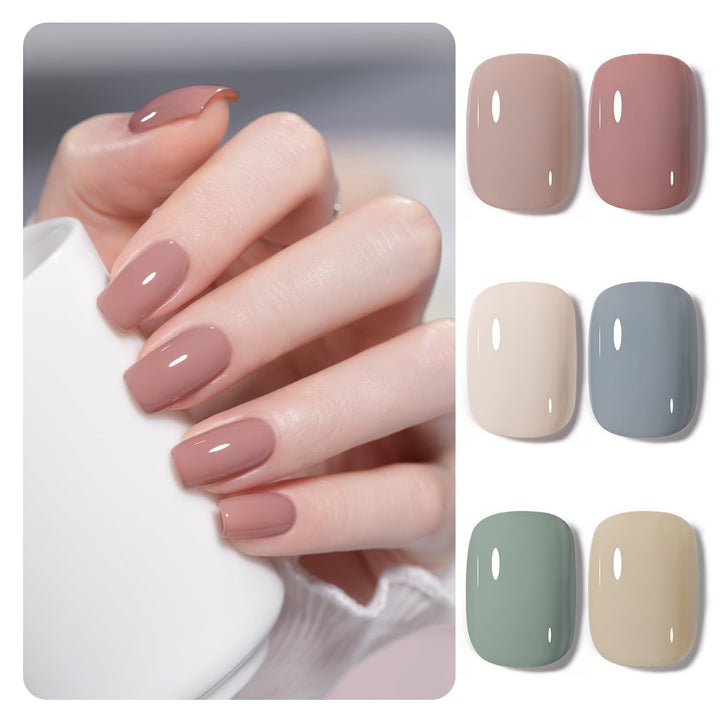 Nude Brown Gel Nail Polish Set, 6 Colors Beige Chocolate Caramel, UV Cure Gel for DIY Manicure at Home