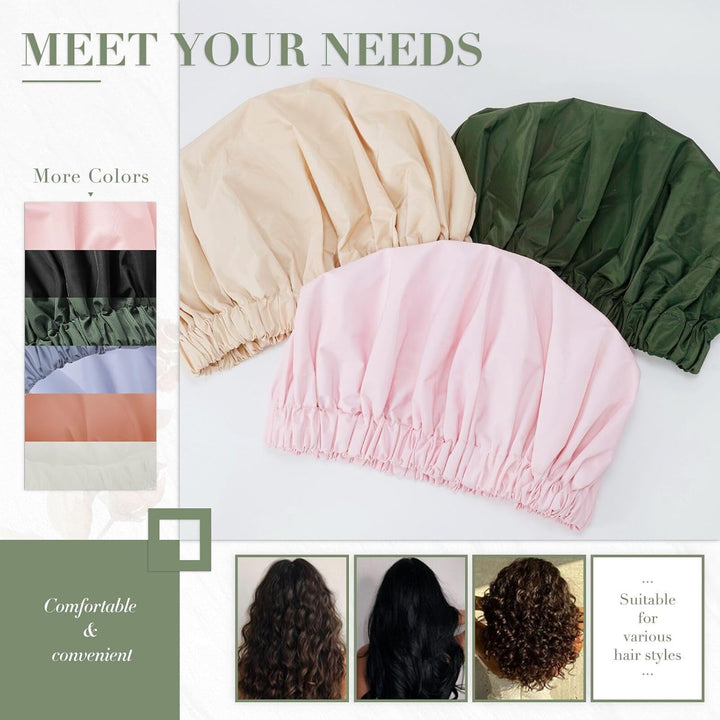 Reusable Shower Cap for Women, Large Waterproof Shower Bonnet Washable Elastic Band Bath Hair Hat for Long Hair, Braids(Green)