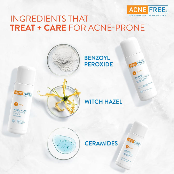 Acne Free 3 Step 24 Hour Acne Treatment Kit - Clearing System W Oil Free Acne Cleanser, Witch Hazel Toner, & Oil Free Acne Lotion - Acne Solution W/ Benzoyl Peroxide for Teens and Adults - Original