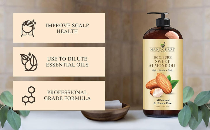 Sweet Almond Oil - 16 Fl Oz - 100% Pure and Natural - Premium Grade Carrier Oil for Skin and Hair - Hair and Body - Massage - Hexane-Free