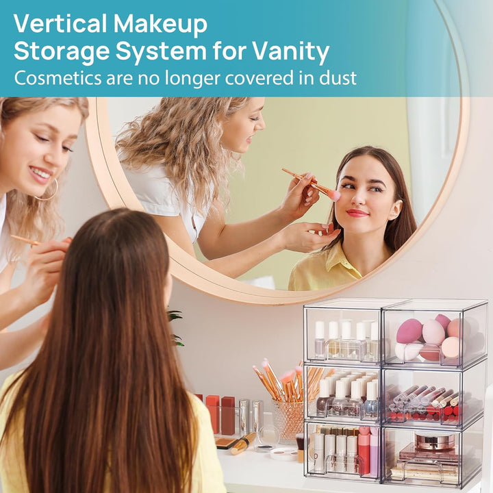 4 Pack Small Clear Stackable Storage Drawers,Acrylic Bathroom Makeup Organizer,Plastic Storage Bins for Vanity, Undersink, Kitchen Cabinets, Pantry, Home Organization