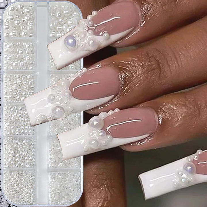 12 Grids Pearl Beads Nail Art Charms Nail Pearls White Pearl Charms for Nails Design Flat Back Pearls for Crafting Manicure Bead Kit Women Nail Beads Fingernail Decorations Cute Beads for Crafts