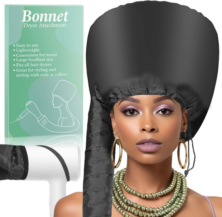 Hooded Hair Dryer Bonnet - Fast-Drying Bonnet Hair Dryer for Natural Hair, Deep Conditioning, Styling, & Curl Enhancing - Adjustable Fit, Heat Distribution, Portable & Lightweight for Travel（Black）