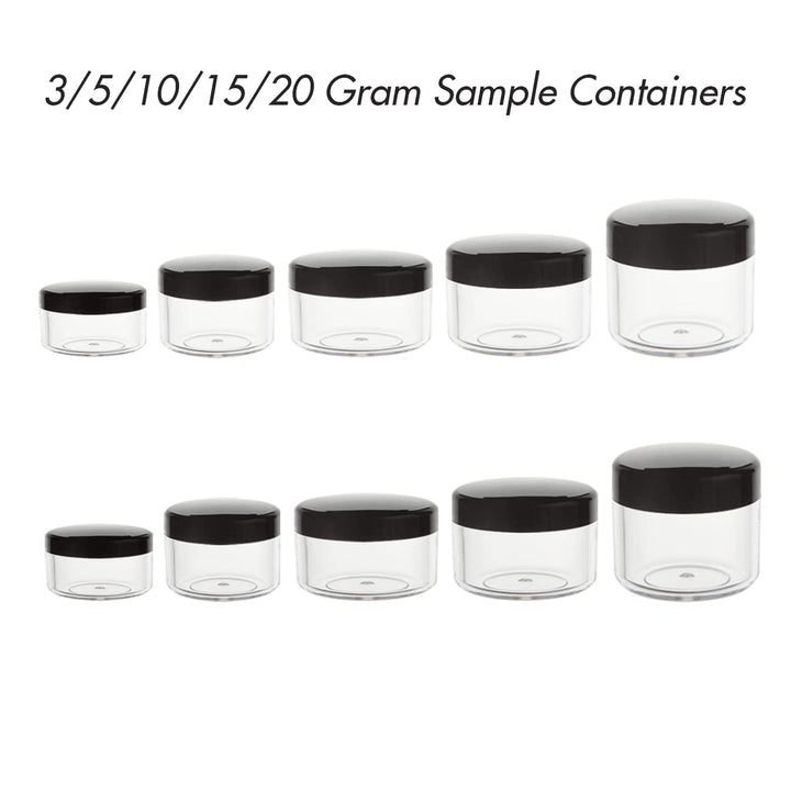 10Pcs Small Travel Containers, Black Sample Jars with Screw Lids, 5 Size 3/5/10/15/20 Gram, 12Pcs Labels and 2Pcs Mini Disposable Spatula, Makeup Sample Containers BPA Free