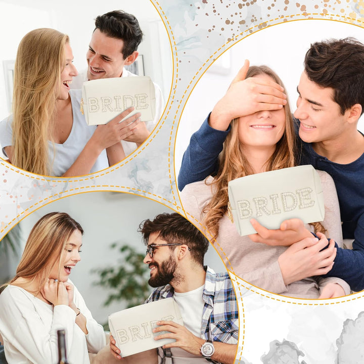 Bride Patch Letter Makeup Bag for Women Bridesmaid Engagement Gift for Her White Pearl Rhinestone Travel Toiletry Bag Make up Bag Pouch for Purse Bridal Shower Gifts for Engagement Wedding