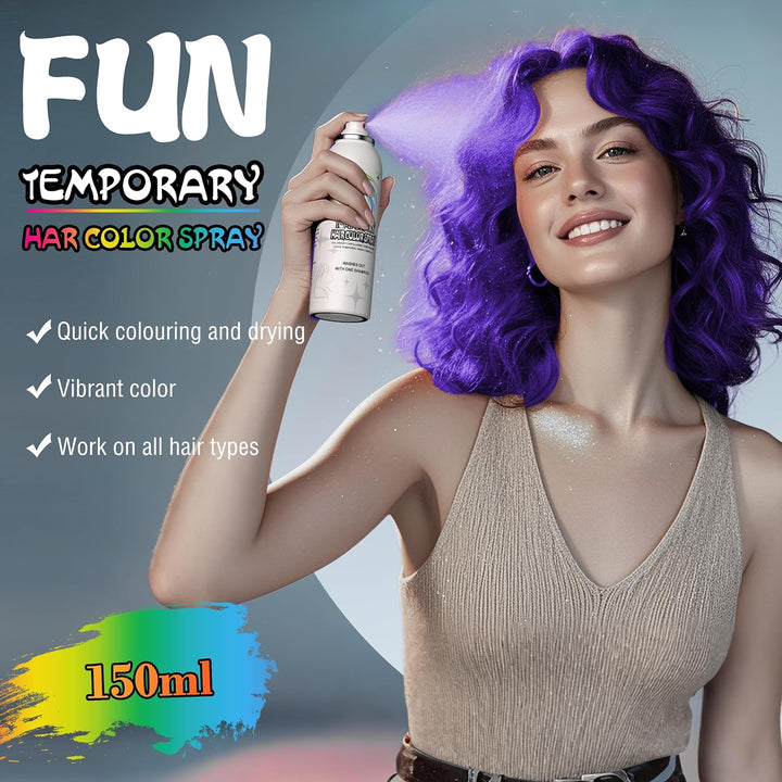 Purple Temporary Hair Color Spray - Gentle Formula, Washable & Non-Sticky | Instant Hair Dye Alternative for Adults | Halloween, Costume, Party Makeup, 150Ml