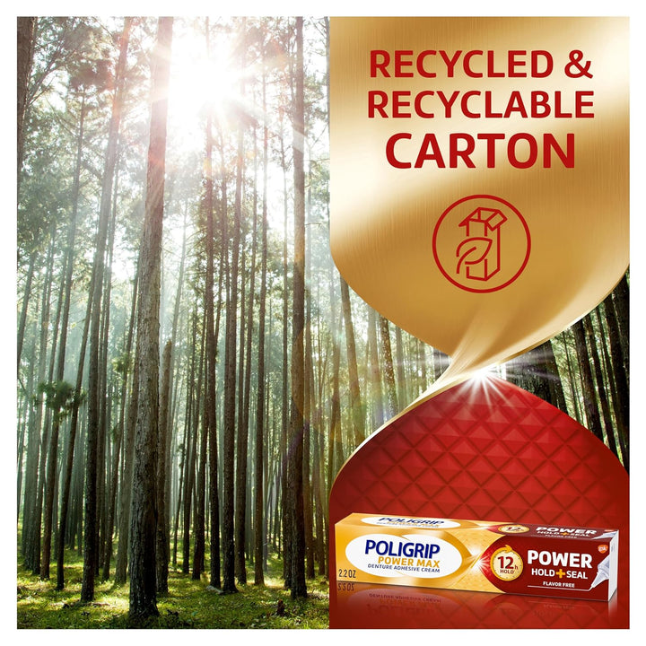 Power Max Power Hold plus Seal Denture Adhesive Cream, Denture Cream for Secure Hold and Food Seal, Flavor Free - 2.2 Oz