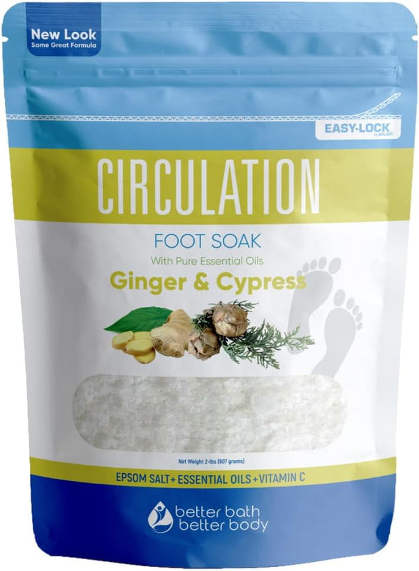 Circulation Foot Soak 32 Ounces (2 Lbs) Epsom Salt with Pure Essential Oils Ginger and Cypress Essential Oils plus Vitamin C in BPA Free Pouch with Easy Press Lock Seal