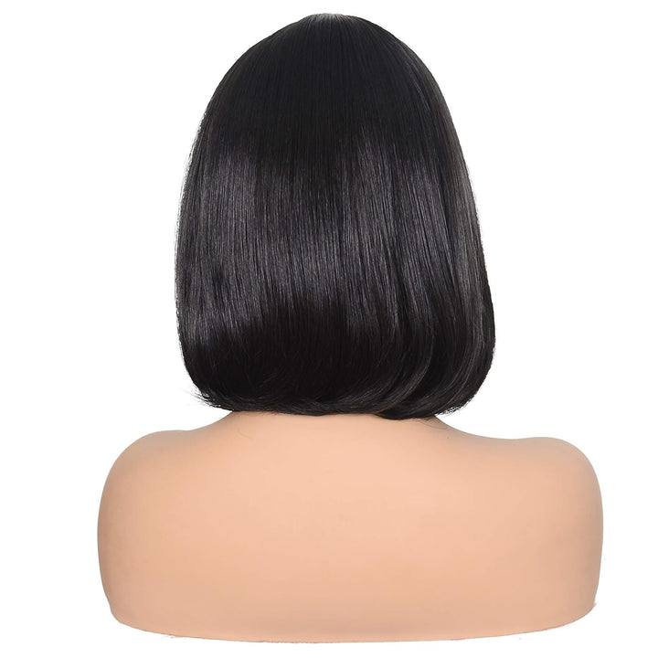 Short Straight Bob Wig Heat Resistant Hair with Blunt Bangs Natural Looking Cosplay Costume Daily Wigs (14", 2# Black)
