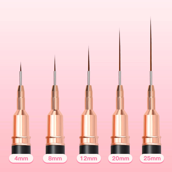 Metallic Nail Art Brushes, 5Pcs Liner Brush Set, UV Gel Polish Painting Art Design Pen for Long Lines, Thin Details, Fine Drawing Sizes 4/8/12/20/25Mm(Black)