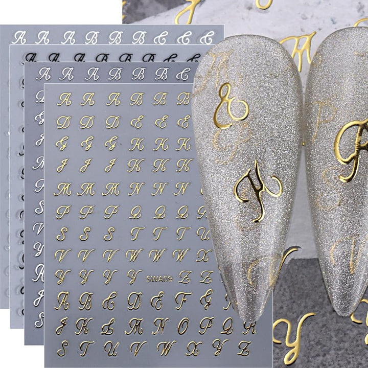 Letter Nail Stickers, 8 Sheets Old English Letter Nail Decals 3D Self-Adhesive Gold Silver Black White Retro English Pattern Old Alphabet Cursive Design Manicure Nail Accessories for Women Girls