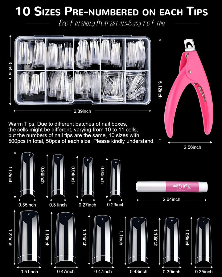 Clear Acrylic Nail Tips, 500 Pcs French Nail Tips Square Half Cover with Glue, Clipper, Files and Cuticle Fork for Salons and Home DIY