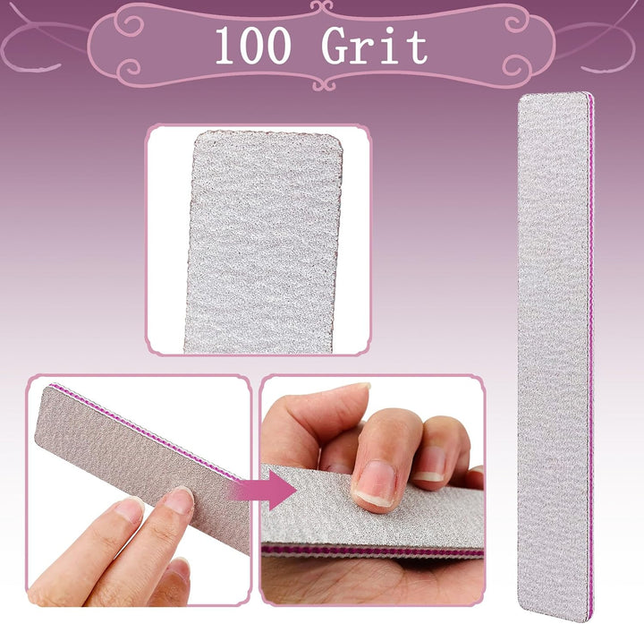 Nail File 12 PCS Professional Reusable 100/180 Grit Double Sides Washable Nail File Manicure Tools for Poly Nail Extension Gel and Acrylic Nails Tools Suit for Home Salon
