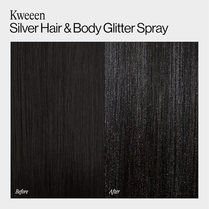 Eva NYC Kweeen Silver Hair and Body Glitter Spray - Our Original Ultra Shimmery Glitter, New Look - Adds Shine + Non-Sticky - Quick Drying Sparkle Spray - Warm Vanilla Scent - 4.9 Oz