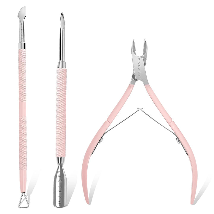 Cuticle Trimmer with Cuticle Pusher, 3 PCS Pink Nail Cuticle Nipper Professional Pedicure Manicure Tools with Stainless Steel Dual End Pusher, Nail Scraper