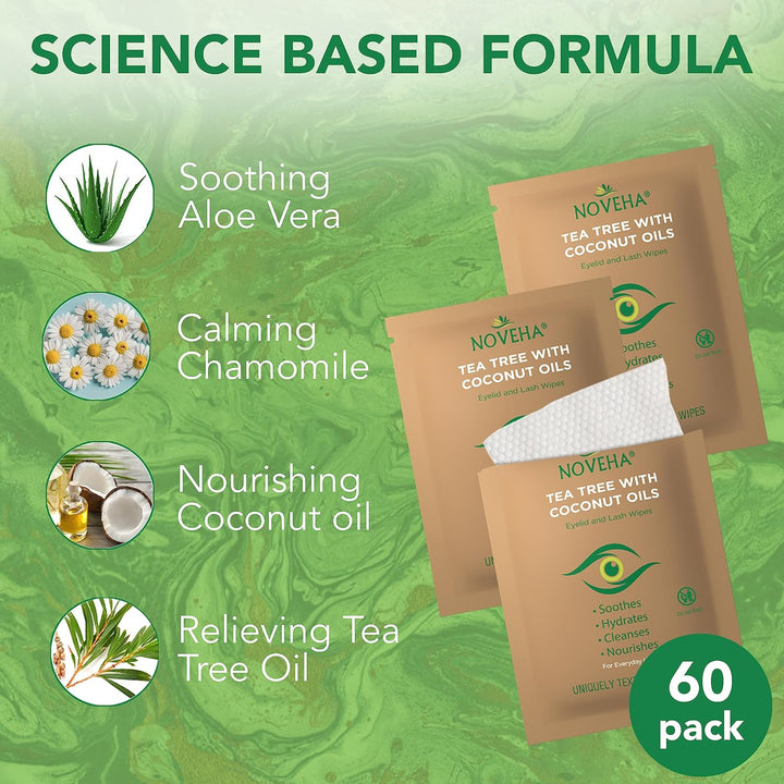 60Pcs Tea Tree & Coconut Oil Eyelid & Lash Wipes - for Demodex, Blepharitis & Itchy Eyes, Individually Wrapped Eyelash Wipes with Aloe Vera, Natural Makeup Remover & Daily Eye Cleanser