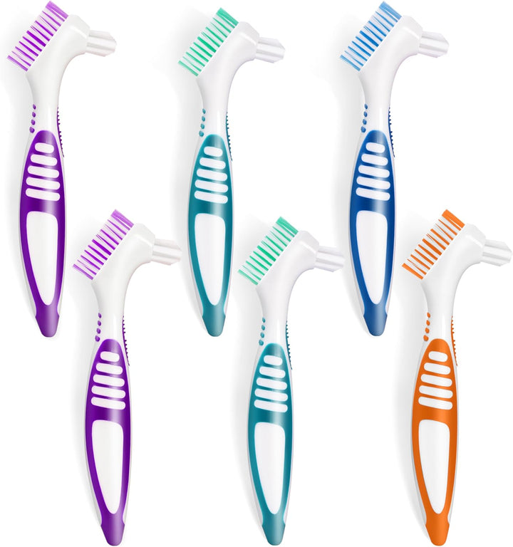 6 Pcs Denture Brush Set for False Teeth, Denture Toothbrushes with Double Sided Design, Denture Cleaning Brush with Multi-Layered Soft Bristles and Rubber Anti-Slip Handle, 4 Colors