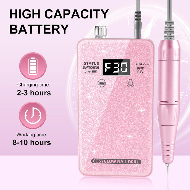 Professional Electric Nail Drill File: Glitter Portable Cordless E-File Nail Drill Kit with 11 Drill Bits,30000 RPM Rechargeable Nail Drills Machine for Acrylic Nails Gel Polishing (Pink)