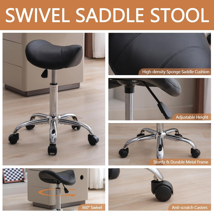 Swivel Saddle Stool with Wheels, Adjustable Rolling Stool 18"-26", Faux Leather Rolling Stool for Salon, Massage, Clinic, Lab, Office (Black, 1PCS (18"-26"))