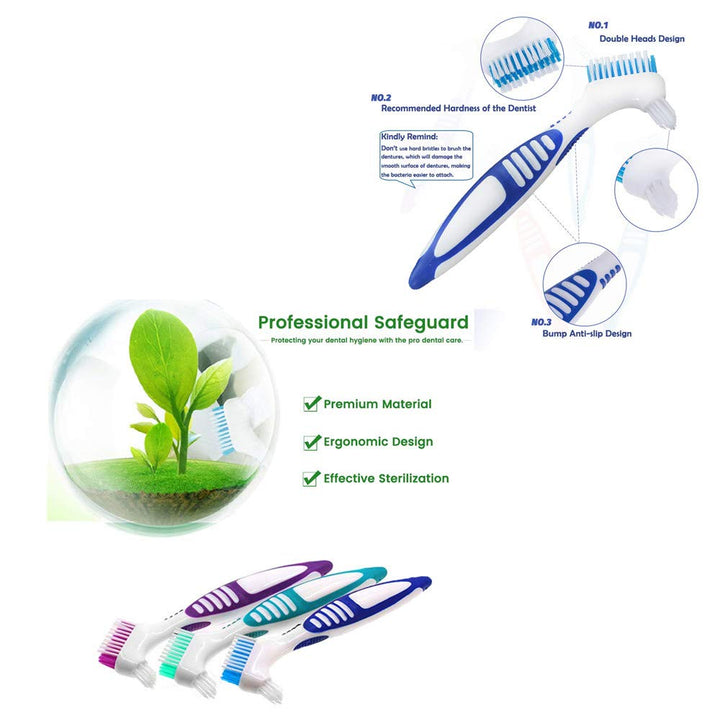 3 Pcs Denture Cleaning Brush Portable Cleaning Brush False Teeth Brushes for Denture Care Denture Cleaner with Multi-Layered Soft Bristles and Dual Angled