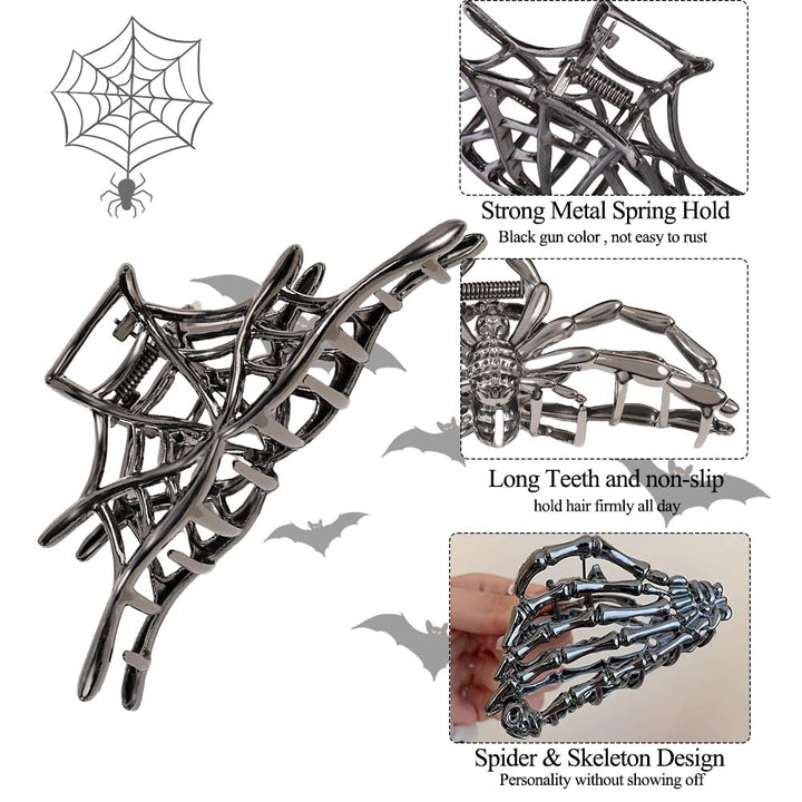 3PCS Black Spider Web Skeleton Hand Skull Hair Claw Clips for Women and Girls, Hiphop Metal Large Medium Size for Thick Thin Hair, Headband Barrette for Styling Hair Accessories Party Gift (Black Gun)