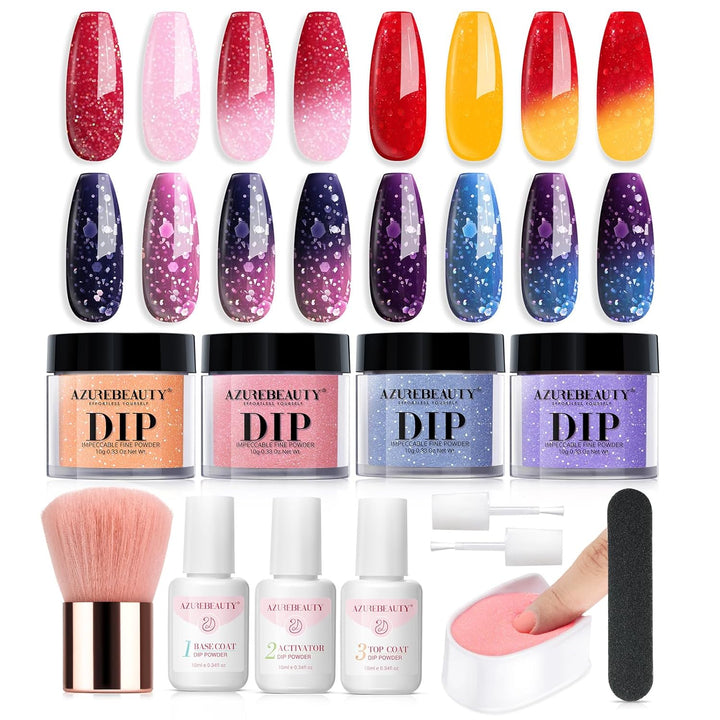 Dip Powder Nail Kit,4 Colors Nude Pink Glitter Hues,Starter Set for French Nails & All Seasons,Includes Base Coat, Top Coat, Activator & DIY Salon Liquids