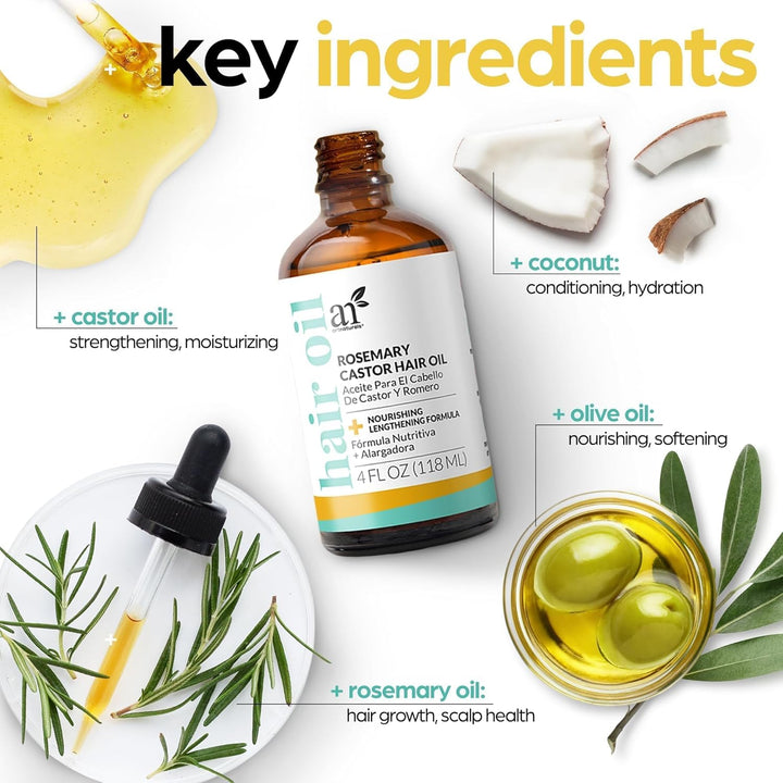 Organic Rosemary & Castor Hair Growth Oil + Scalp Massager Set – Hair Relaxer for Dry, Itchy Scalp, Thickening & Hydration - Scalp Oil Products for Damaged Hair & Split Ends – 4.0 Oz