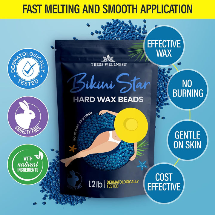 Wax Beads for Sensitive Skin - Safe for Face & Skin - Dermatologically Tested - At-Home Kit for Face, Bikini, Brazilian & Full Body - Bikini Star 1.2Lb